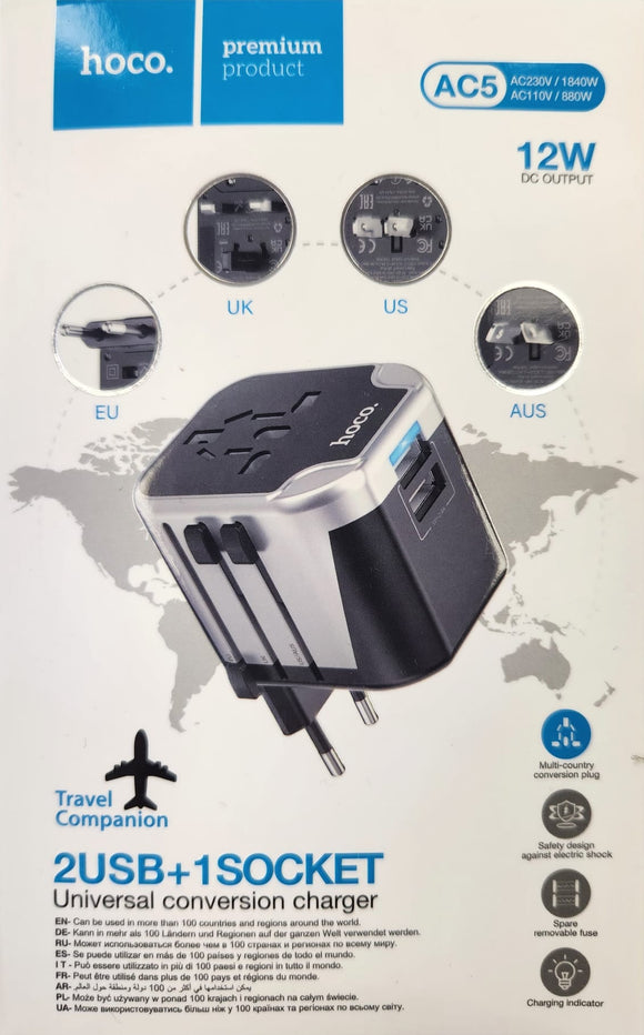 Hoco Universal World Travel Adapter with Extra 2 USB-A Ports for AC Wall Outlets covers 100 Countries - New