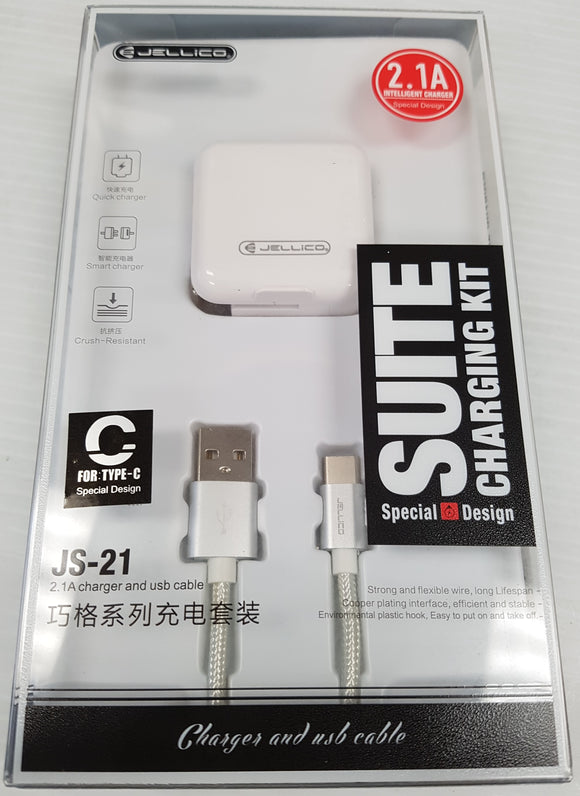 Jellico USB Type-C to Type-A Data Sync and Charging Cable and Charger Adapter 2.1A 1-meter JS-2.1 - Razzaks Computers - Great Products at Low Prices