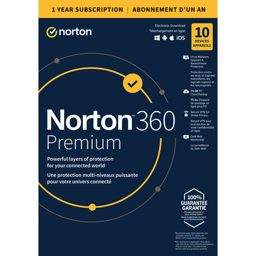 Norton 360 Premium (PC/Mac, Android, iOS) - 75GB Cloud Storage - 10 Devices - 1 Year Subscription - English
