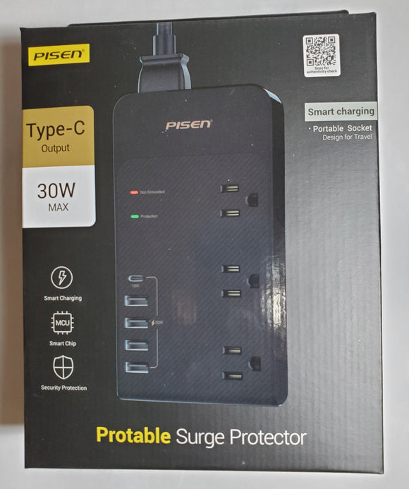 Pisen Portable Surge Protector with 4 USB Type-A, 1 Type-C Ports 6A max 30W Max with cord plus 3 Power Outlets