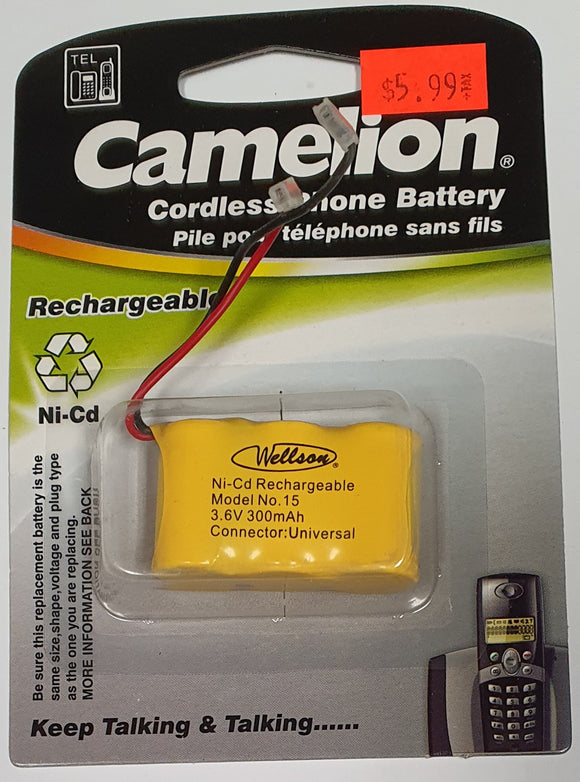 Camelion - Cordless Phone Battery - 3.6V , 300mAH - Model no 15 - Universal - Ni-Cd