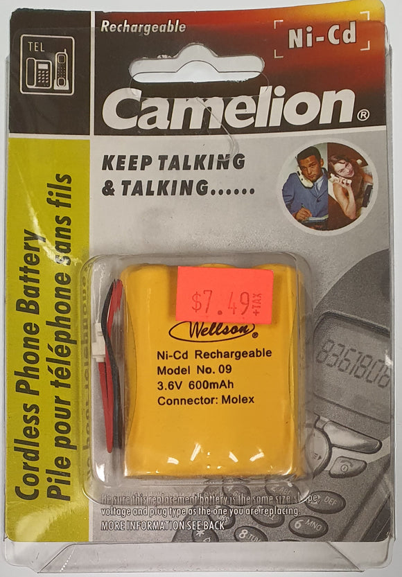 Camelion - Cordless Phone Battery - 3.6V , 600mAH - Model no 09 - MOLEX - Ni-Cd
