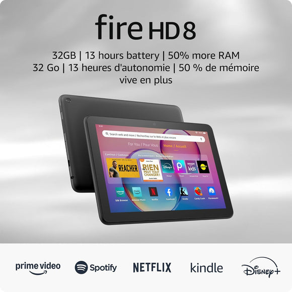 Amazon Fire HD 8 tablet, 8” HD Display, 3GB RAM, 32GB, designed for portable entertainment, Black, (2024 release)