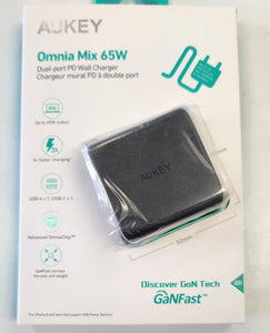 Aukey Omnia Mix 65W Dual Port PD USB Wall Charger Max Output 65W Wall Adapter - New