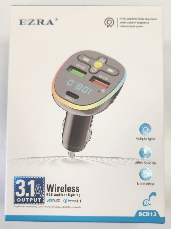 Ezra Bluetooth Wireless FM Transmitter with 2 USB-A and 1 USB-C Ports 18W car Charger, Wireless hands-free calling BCR13 - New