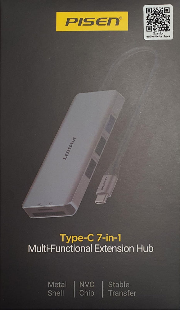 Pisen 7-in-1 USB-C Type-C Multifunction Hub with 100W PD 3 USB-A 3.0 Ports, 4K HDMI, SD/TF Card Slots