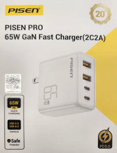 Pisen Pro 65W GaN Dual USB-A and Dual USB-C Fast Charger for USB-A and USB-C enabled devices 2C2A