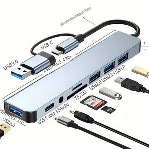 USB-A and USB-C / Type-C 8-in-1 Multi-function Hub with 4 USB-A 3.0 Ports, SD/TF Card Slots, Audio Output Expansion Dock