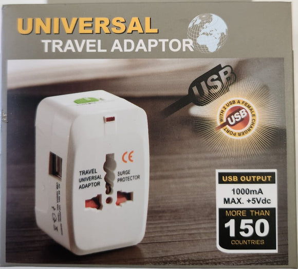 Universal World Travel Adapter with Extra 2 USB-A Ports for AC Wall Outlets covers 150 Countries - New