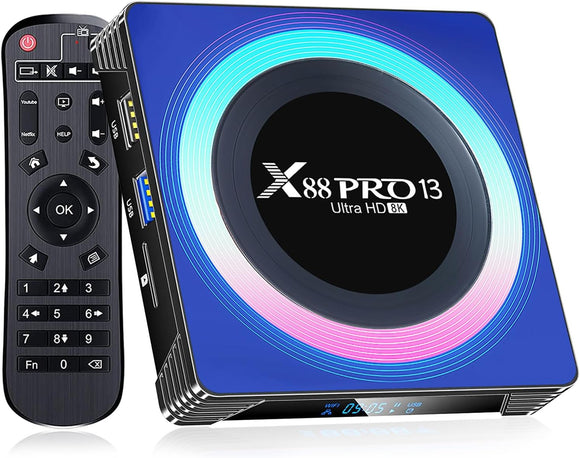 X88 pro Android TV Box 13.0, 4GB RAM 64GB ROM, Android Box 8K 4K Wi-Fi 6 TV Box with RK3528 Quad-Core 2.4G/5G Dual-Band Wi-Fi Bluetooth 5.0 USB 3.0
