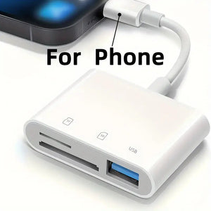 iPhone iPad Lightning Adapter Card Reader and Data Transfer from iPhone or iPad to SD / MicroSD / USB Drives 3-in-1