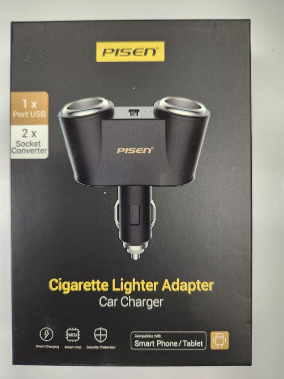 Pisen Car Cigarette Lighter Adapter Car Charger 1 USB Port, 2 Car Socket Splitter TS-D042 - Black