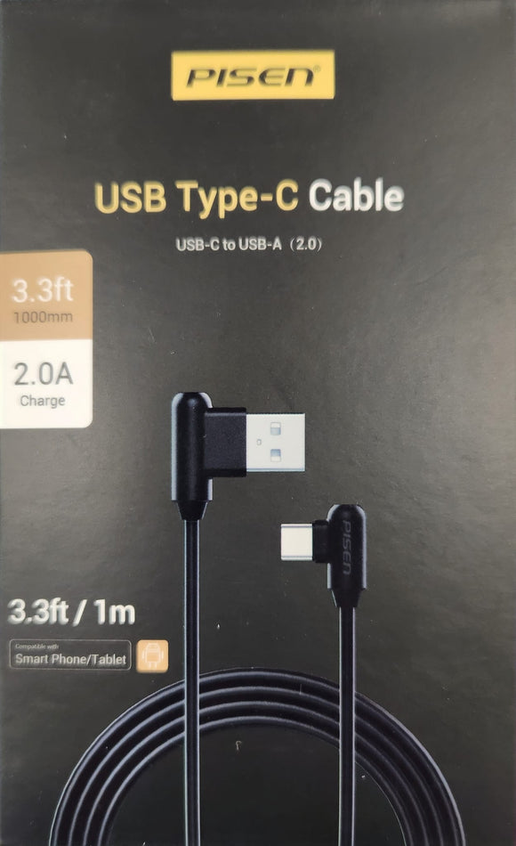 Pisen USB Type-A to Type-C Cable L-Shape 2A 3.3 feet 1 meters LTC01-3000 - Neww
