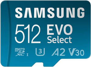 Samsung EVO Select 512 GB Micro SDXC UHS-I Class10 A2 V30 4K UHD Memory Card for Smartphones Tablet