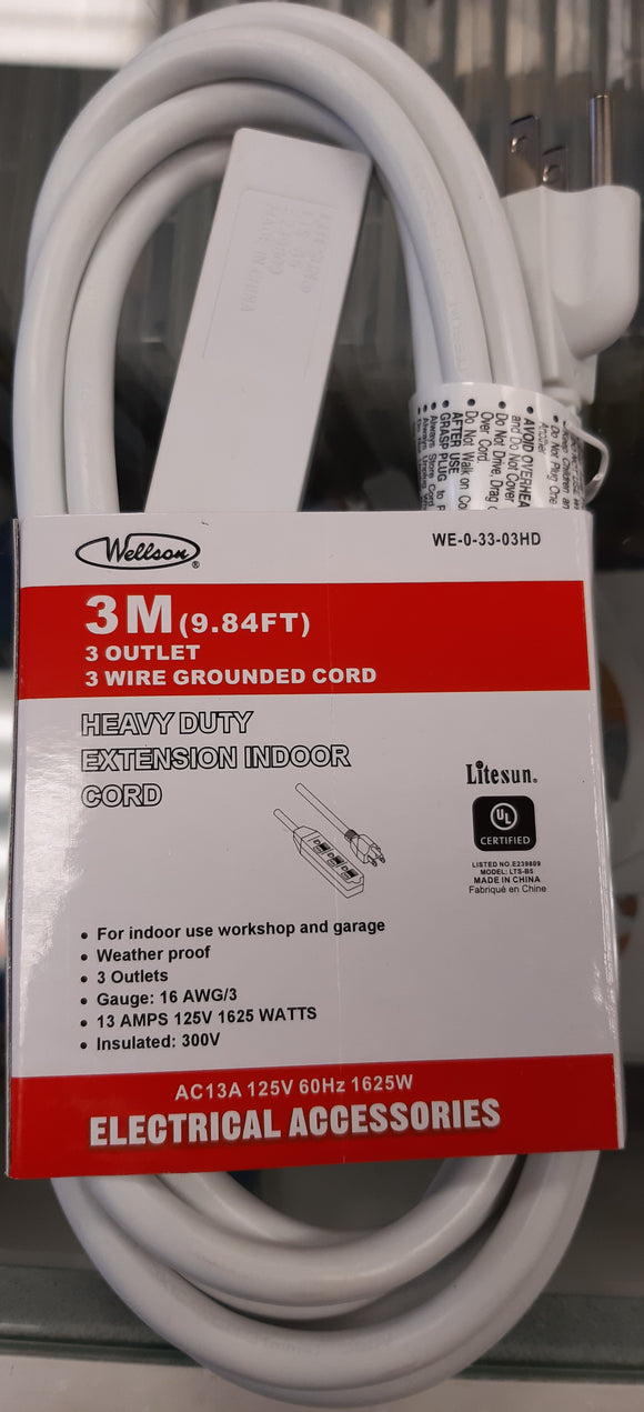 Wellson 10ft 3 meter, 3-outlet, 3-wire grounded Power Extension Cord