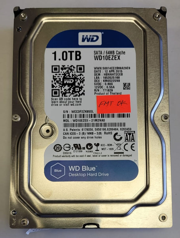 Western Digital WD Blue 1TB SATA Hard Drive 64MB Cache 7200 WD10EZEX-21M2NA0  - USED