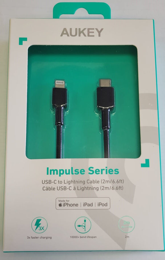 Aukey Impulse Series Fast PD Charging breaded Cable Lightning to Type-C for iPhone, iPad, iPod - Model CB-CL2 6.6ft/2 meter Cable