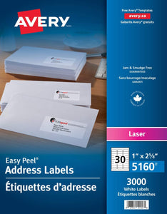 Avery® Address Labels with Easy Peel® for Laser Printers, 1" x 2⅝" 1" x 2⅝" / Rectangle / White / 3000 Labels No. 05160