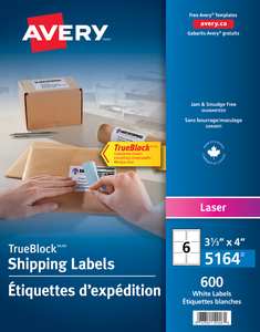 Avery® Address Labels with TrueBlock™ Technology for Laser Printers, 3⅓" x 4" 3⅓" x 4" / Rectangle / White / 600 Labels No. 05164