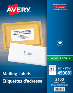 Avery® White Mailing Address Labels for Copiers, White - 2-13/16 x 1-1/2", 2100 Labels No. 45008