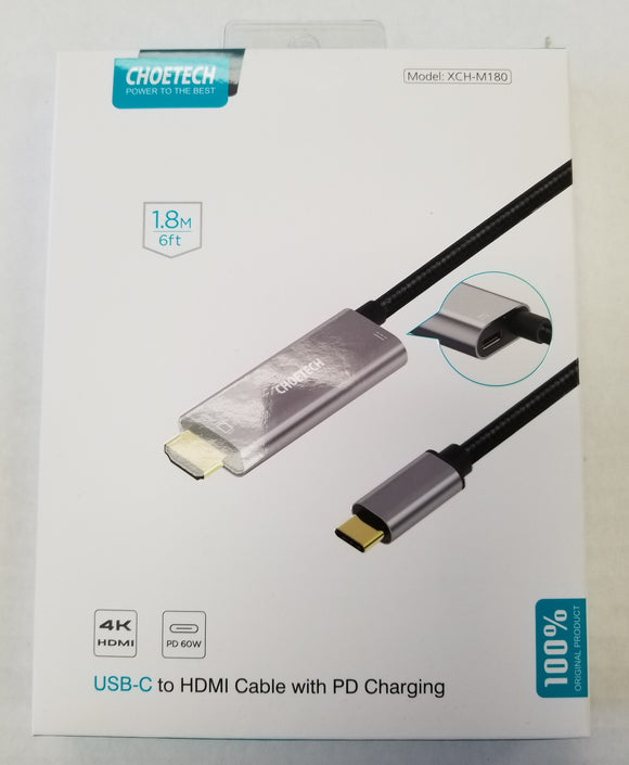 Choetech USB-C Type-C to HDMI Cable 6' with PD Charging 4K UHD Model: XCH-M180