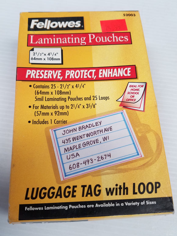 Fellowes Laminating Pouches 2 1/2 x 4 1/4 64mm x 108mm 52003 - New - Razzaks Computers - Great Products at Low Prices