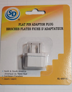 Flat 2-Pin Adapter Wall Plug for most Foreign Outlet 2-pin Plugs EL-6601W - New