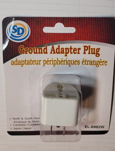 Ground Adapter Wall Plug for most Foreign Outlet Plugs 3-Pin with Ground EL-6982W - New