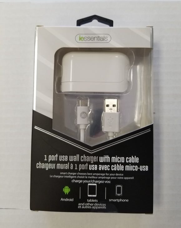 iessentials Micro USB wall Charger and Data Cable with Wall Adapter for Cell Phones 4 feet 5V - New