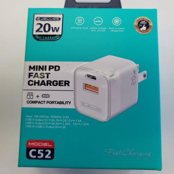Jellico Mini PD Fast Charger 20W Adapter Dual Output USB Type-A and Type-C - Model 52