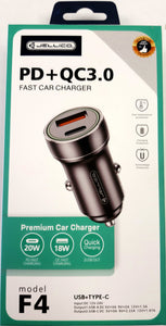 Jellico PD + QC 3.0 2-port USB Type-C and USB Type-A 38 Watt Fast Car Charger Adapter Model F4