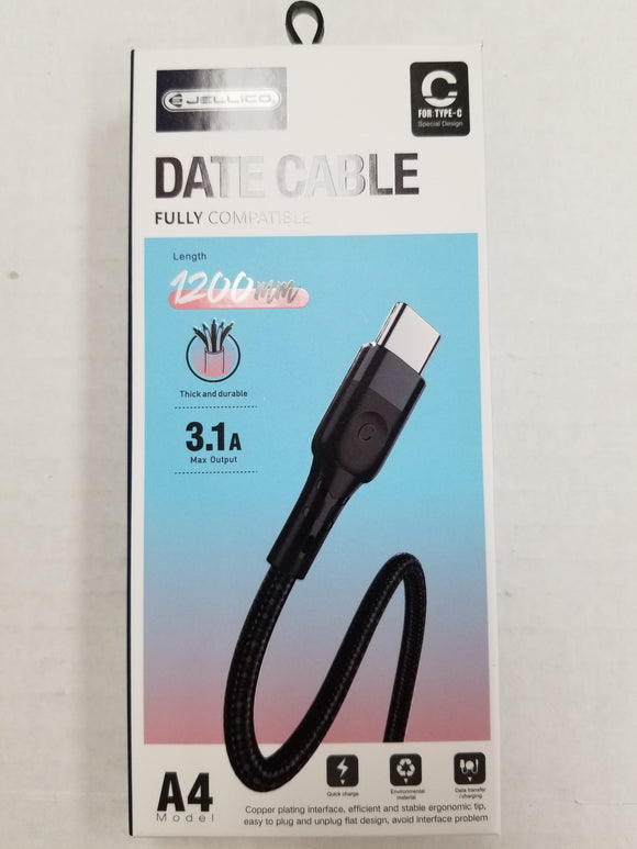 Jellico Type-C to USB Fast Charging 3.1A Data Sync Cable for Cell Phones 1.2-meter A4 - New