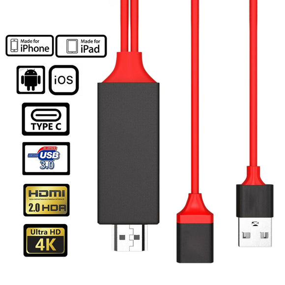 USB iPhone Lightning, Type-C, Micro USB to HDMI Cable to Connect TV, Monitor or Projector