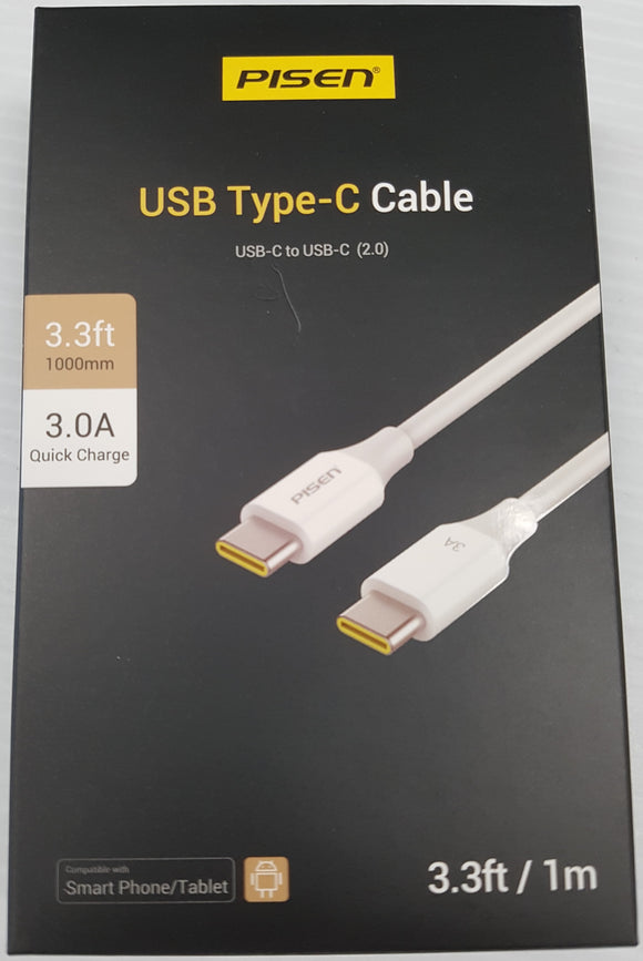 Pisen USB Type-C to Type-C Sync and Charging Cable 3A, 1-meter TCC04-1000 - New - Razzaks Computers - Great Products at Low Prices