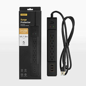 Pisen Surge Portector Power Bar with 5 Outlets, 3 USB Ports 3.1A max - 6ft / 1.8 meter cord 503US - New