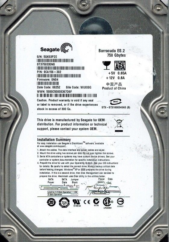 Seagate 750 GB SATA Hard DriveST3750330NS 750GB P/N: 9CA156-302 - USED - Razzaks Computers - Great Products at Low Prices