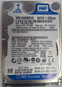 Western Digital 160GB SATA II Hard Drive WD1600BEVS 2.5"  - USED - Razzaks Computers - Great Products at Low Prices