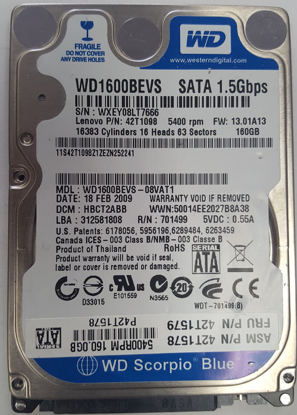 Western Digital 160GB SATA II Hard Drive WD1600BEVS 2.5
