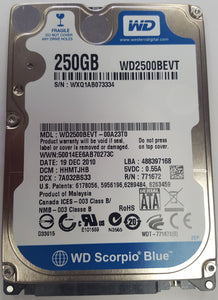 Western Digital 250GB SATA II Hard Drive WD2500BEVT 2.5"  - USED - Razzaks Computers - Great Products at Low Prices
